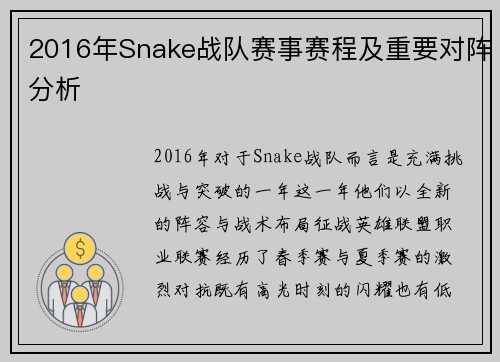 2016年Snake战队赛事赛程及重要对阵分析